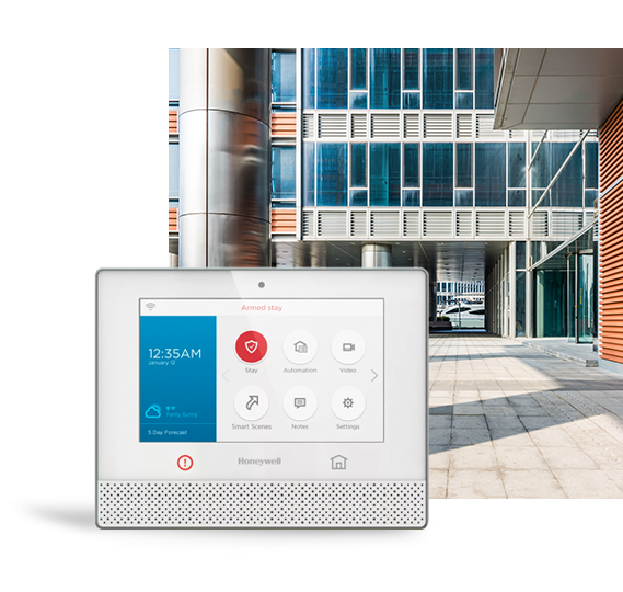 alarm panel and front of office building