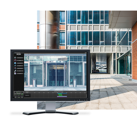 computer screen and front of office building